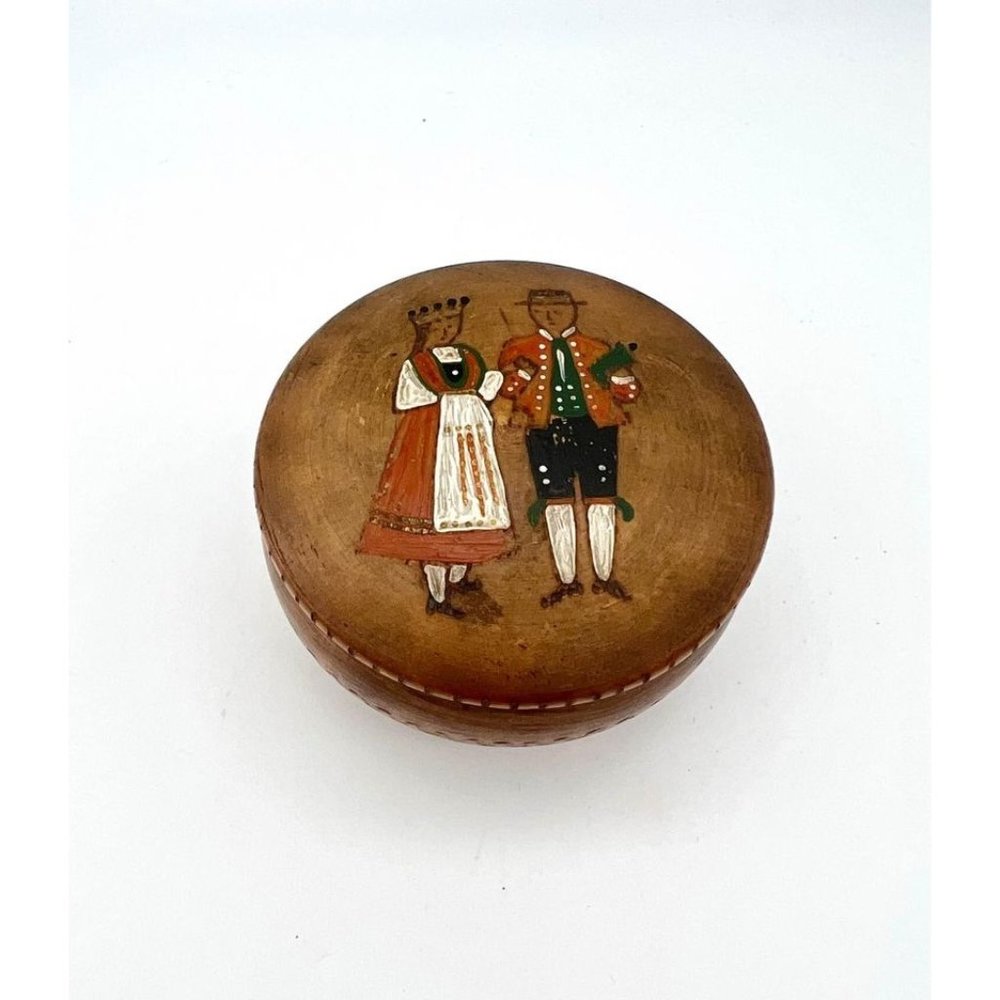 Vintage Scandinavian Wooden Trinket Box Couple in Traditional Clothing Hand Pain